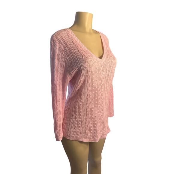 Women L Lauren Ralph Lauren 100% Linen Cable Knit Pink V-Neck Pullover Sweater - Picture 1 of 6